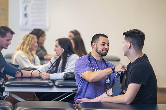 Photo of Chatham University students in a lab using stethoscopes 